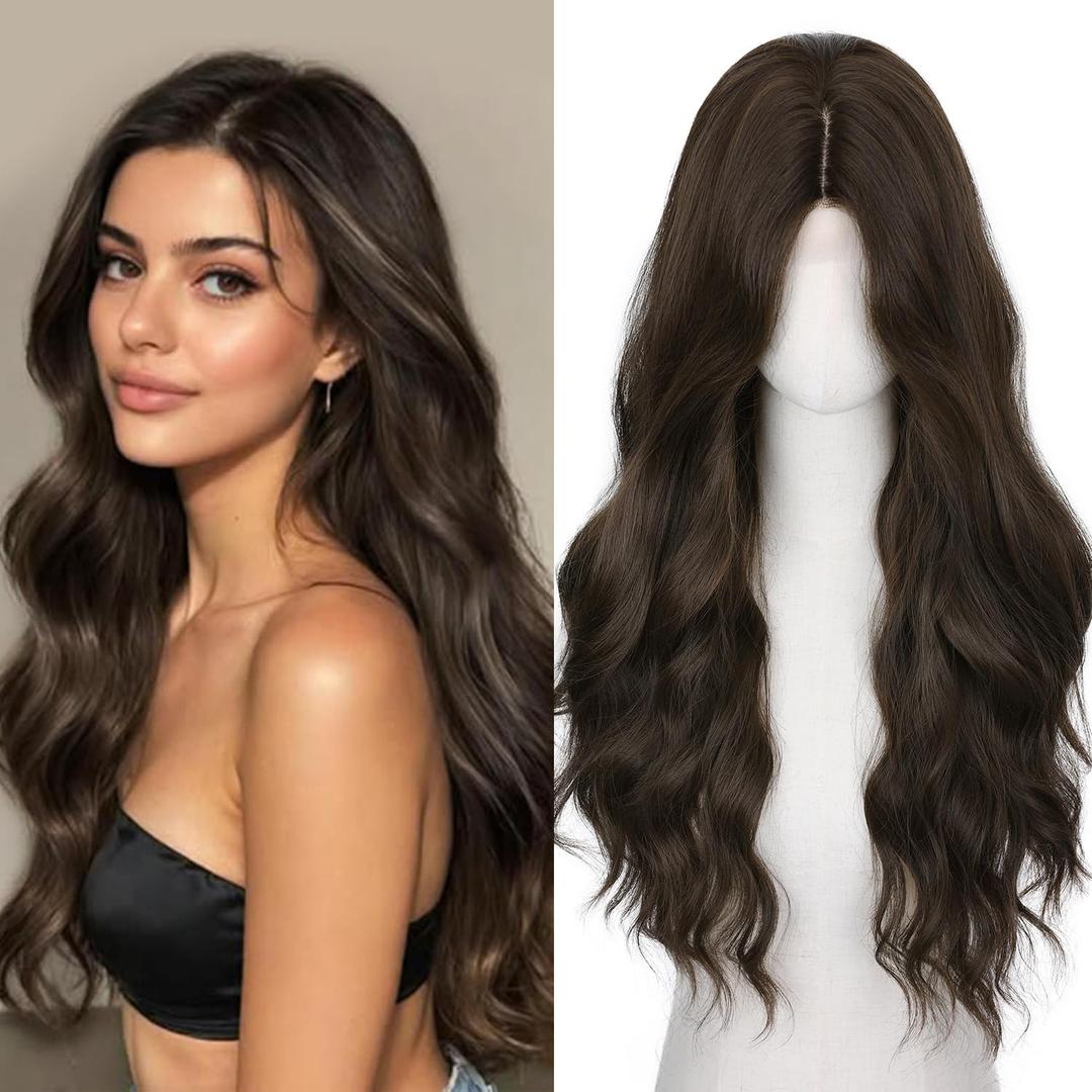 WIGNEE Long Wavy Wig Middle Part Dark Brown Wigs 26 Inches Long Brown Wigs For White Women Natural Looking Brown Hair Wig Long Wigs For Women Daily Party Use(Dark Brown)