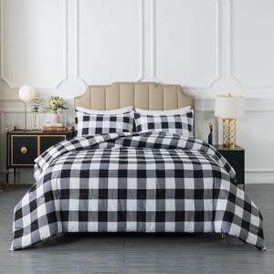 Caressma Buffalo Plaid Comforter Set Full Size, Black White Plaid Comforter Bedding Set for All Seasons, Classic Gingham Pattern Print Soft Microfiber 3 Pieces Comforter with Pillowshams