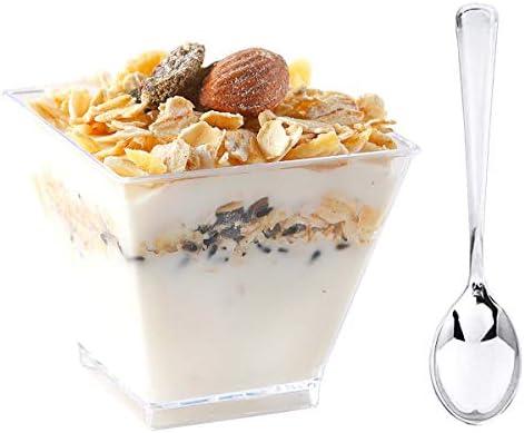 I00000 100 Pack Plastic Dessert Cups with Mini Spoons, Includes 100 Pieces Disposable Clear Mini Square Cups 2 Oz and 100 Pieces Silver Tasting Spoons for Party