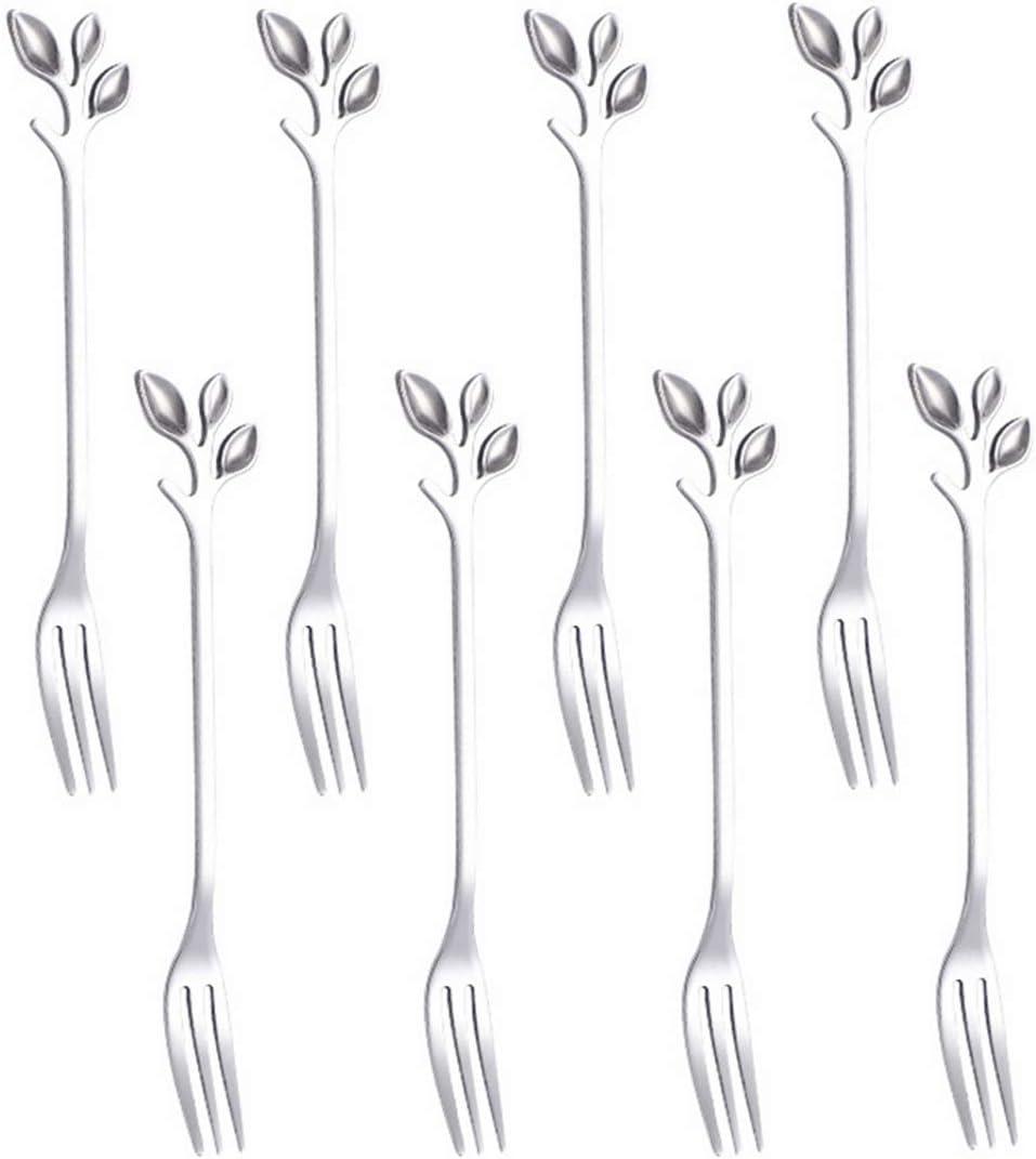 AnSaw 8-Pc Silver Mini Leaf Fruit Forks Set - 4.7" Elegant Stainless Steel Dessert, Appetizer, Cake & Salad Forks - Perfect for Cocktail Parties & Home Use