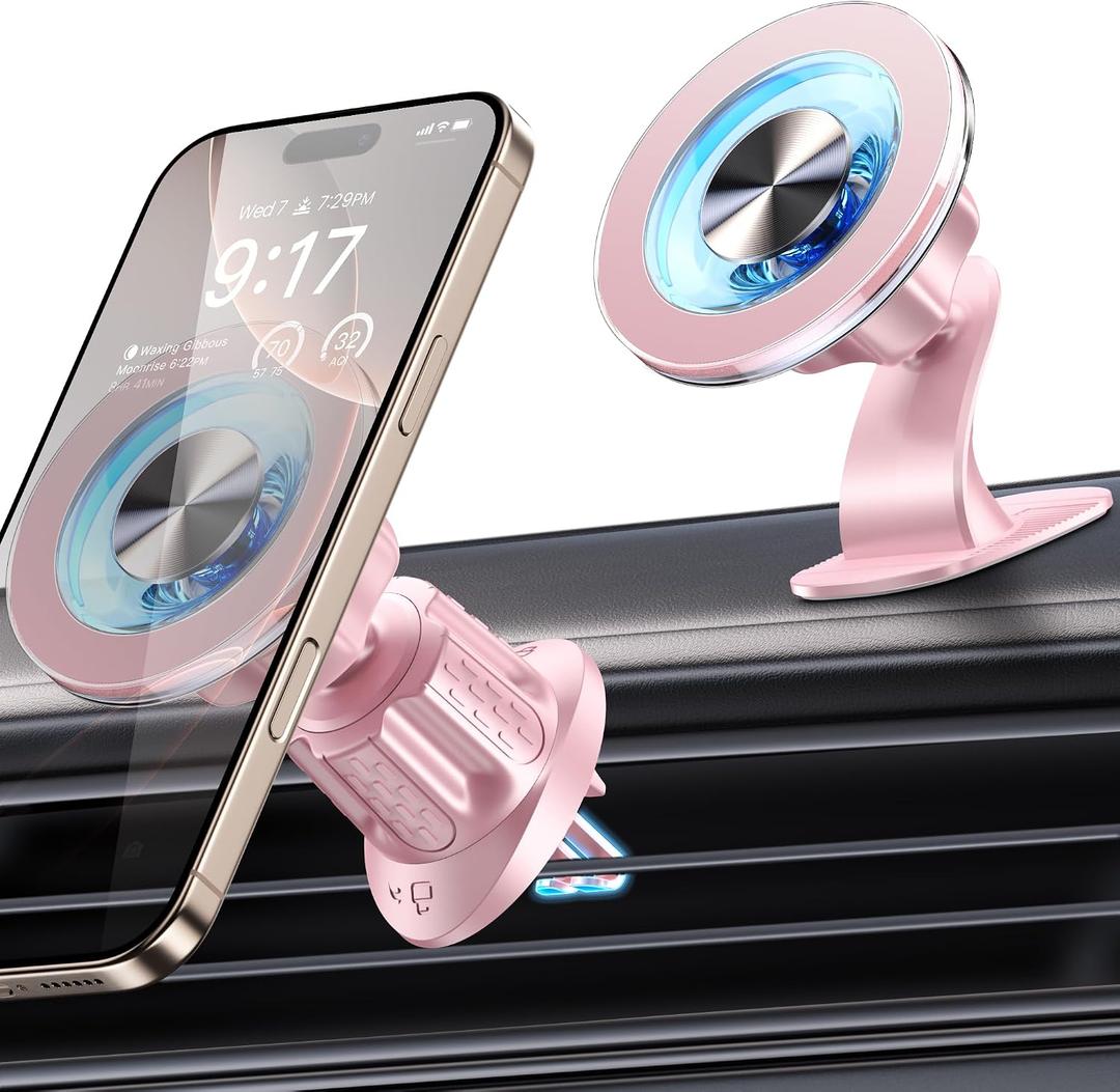 MagSafe Car Mount Magnetic Phone Holder for Car [2026 Upgraded 22X Magnets & Double-Hooks] Phone Holders for Your Car Stand for Dashboard Vent GPS for iPhone 17/16/15/14/13 Android-Pink