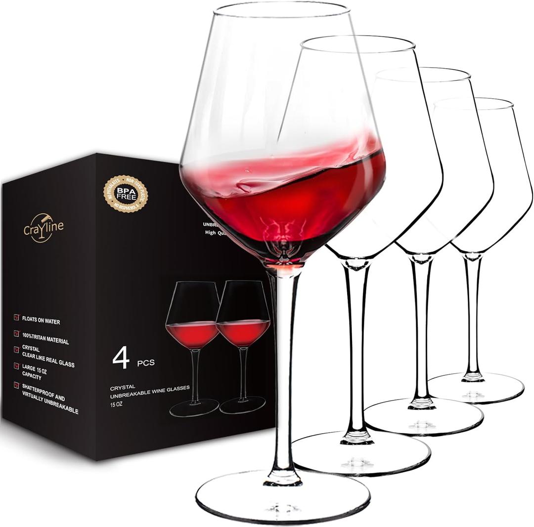 Plastic Wine Glasses Set of 4(15oz) |Unbreakable Wine Glasses with Stem|100% Tritan & BPA Free |Dishwasher Safe| Awesome For Pool, Beach, Travel, Pool, Camping, Beach, Picnic, Everyday Use. (Crystal)