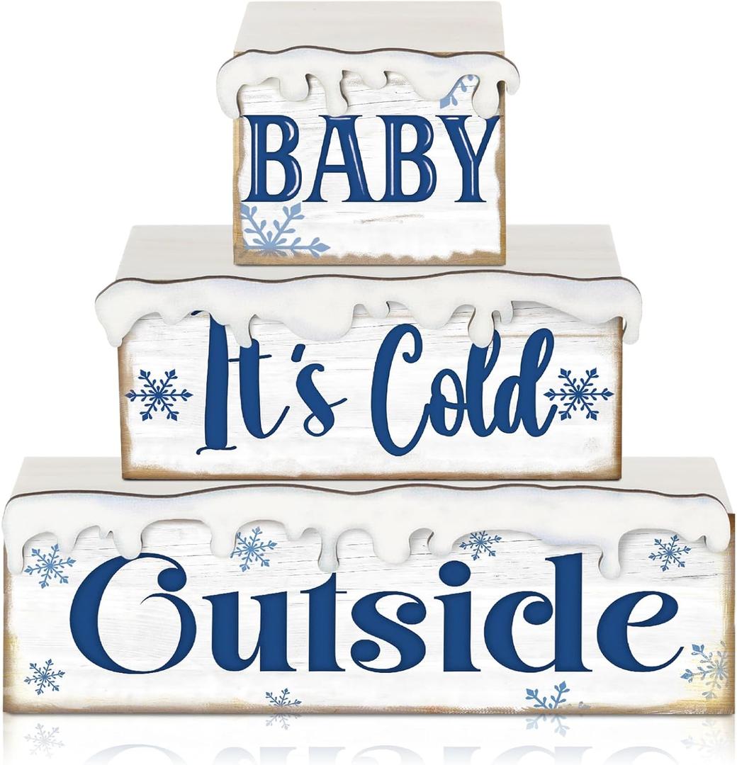 3 Pcs Winter Let It Snow Tiered Tray Decor Table Sign Winter Theme Wood Decorations Centerpiece Decor for Party Gift Desk(Snow Style)