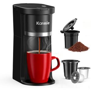 Karosie Small Single Serve Coffee Maker, Fast Brew for K-Cup & Ground Coffee, 6-12 Oz Brew Sizes, One-Button Single Cup Coffee Maker, Coffee Machine with Descaling Reminder, Black