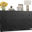 WLIVE Farmhouse Dresser for Bedroom, 63" Wide 9 Drawer Dresser Storage Organizer, Wood Chest of Drawers for Bedroom, TV Stand for 70 inch TV, for Living Room, Hallway, Ball Bearing Slide (Black)