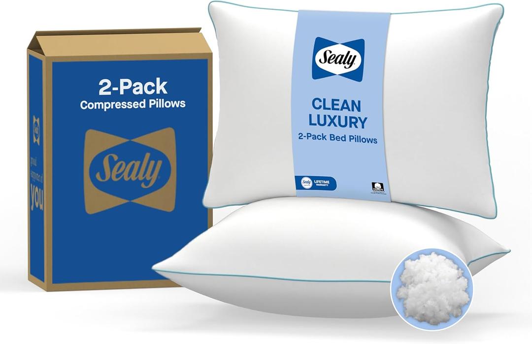 SEALY Clean Luxury Bed Pillow, Soft, Breathable, 100% Cotton Cover, Hypoallergenic EverFluff Fiberfill, Antimicrobial, Temperature Balancing, Machine Washable, King, White -2 Pack