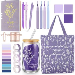 29 Pcs Bible Journaling Kit 16 oz Glass Cup Canvas Bag Leather Notebook Highlighters and Pens Sticky Note Tapes Grandparents Gift Bible Study Supplies for Teacher Women Nurse(Boho, Purple)
