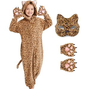 Ezuwail Cheetah Costume Kids Snow Leopard Costume Gloves Mask Cheetah Onesie Bodysuit Halloween Cosplay for Girls Boys (130, Brown)