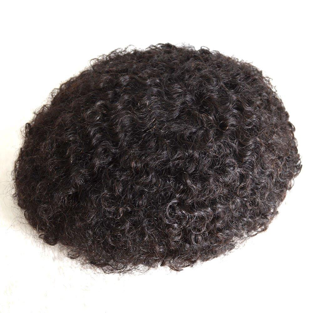 AIRAO All French Lace Base Custom Afro Mens Toupee Hairpiece Indian Human Hair Replacement System African American Wigs - #1B(Natural Black) 10mm Curl