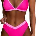 SUUKSESS Women Triangle High Cut Bikini Sets Sexy High Waisted 2 Piece Swimsuit (Large, 57 Pink Color Block)