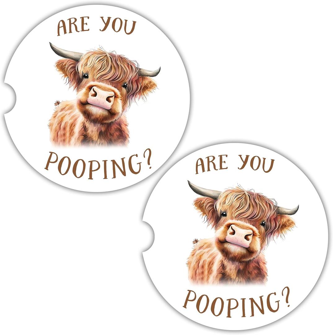 2 x Cow Car Coasters for Cup Holders - 2 Pack Cute Cow Print Car Accessories for Women, Funny Highland Cows Stuff Decor, Absorbent Ceramic Cup Holder Coaster for Car to Keep Clean, Country Western Gift
