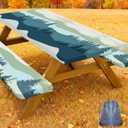 Smiry Picnic Table Cover with Bench Covers, Waterproof Elastic Fitted Tablecloth for 6 Foot Tables, Washable Polyester Tablecloths for Camping, Indoor & Outdoor (Green Blue, 30x72 Inch 3-pc Set)