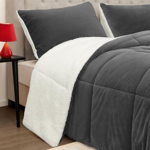 SunNewt Fluffy Sherpa Queen Comforter Set 3 Pieces,Thick Reversible Down Alternative Fleece Comforter & 2 Pillow Shams,Soft Micromink Winter Warm Plush Bedding Comforter Sets Washable(Charcoal,Queen)