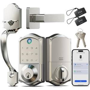 Veise VE017-H Fingerprint Smart Front Door Lock Set, App Control, Keyless Entry Deadbolt with Handle, Smart Deadbolt, Emergency Power Port, Touchscreen Keypad, Auto Lock, Easy Install, Satin Nickel