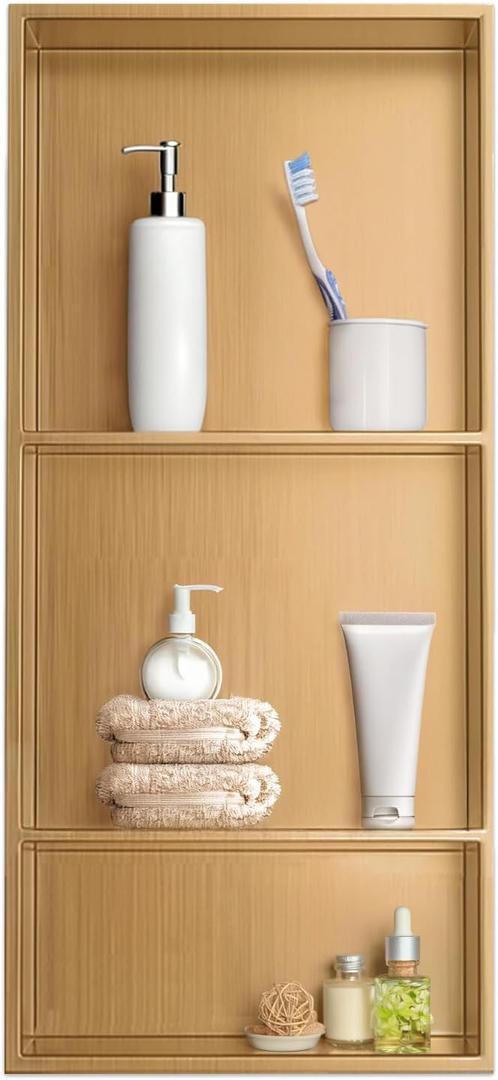 Shower Niche, Stainless Steel Elegant Bathroom Niche, No Tile Needed Recessed Shower Shelf Organizer for Storage (12*30*4 Inch, Gold)