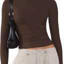 Women's Soft Long Sleeve Shirts Crew Neck Tops Basic Tees Stretchy Going Out Crop Tops Y2K Slim Fit T-Shirts (Brown, XL)