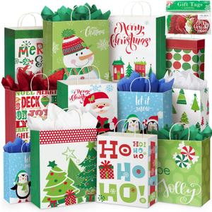 24 White Kraft Christmas Gift Bags Assorted Sizes with 60-Count Christmas Gift Tags(Bulk Set,6 XL,6 Large,6 Medium,6 Small)