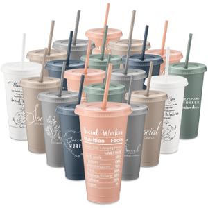 Feifeiya 24 Pcs Social Work Gifts 24 oz Thank You Plastic Cup with Lid Straw Graduation Gift for Bsw Msw Dsw Employees Student Team Teachers(Dark Color), Plastic cups: about 2.36 x 3.86 x 6.69 inches (EXP 11/24/32)