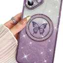 BITOBE Designed for iPhone 16 Case, Cute Butterfly Slim Plating Glitter Rhinestones Cover X 2pcs Screen Protectors for Women Girls Protective Camera Protection Bumper 6.1" Purple