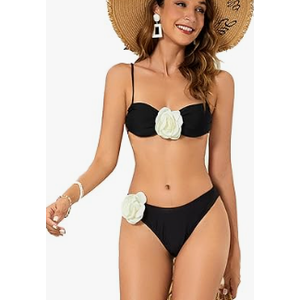 Women's Women's 2 Piece 3D Rose Bikini Swimsuit Spaghetti Strap High Waisted Bathing Suit Beachwear Small