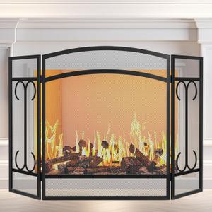 Gtongoko 3 Panel Fireplace Screen 48" W x 29" H Modern Wrought Iron Decorative Large Fire Spark Guard Grate Heavy Duty for Living Room Home Outdoor Decor - Black