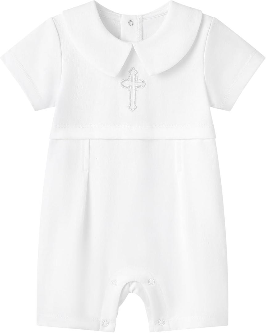 pureborn Unisex Baby Jumpsuit Infant Boys Girls Cotton Spring Fall Romper One-Piece Coverall Baptism Outfit White 0-3 Months (White-silver Cross)