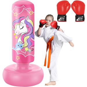 66 Inch Inflatable Punching Bag for Kids, Freestanding Punching Bag for Teen, Boxing Bag with Boxing Gloves for Practicing MMA Karate Taekwondo and Relieve Pent Up Energy (Pink)