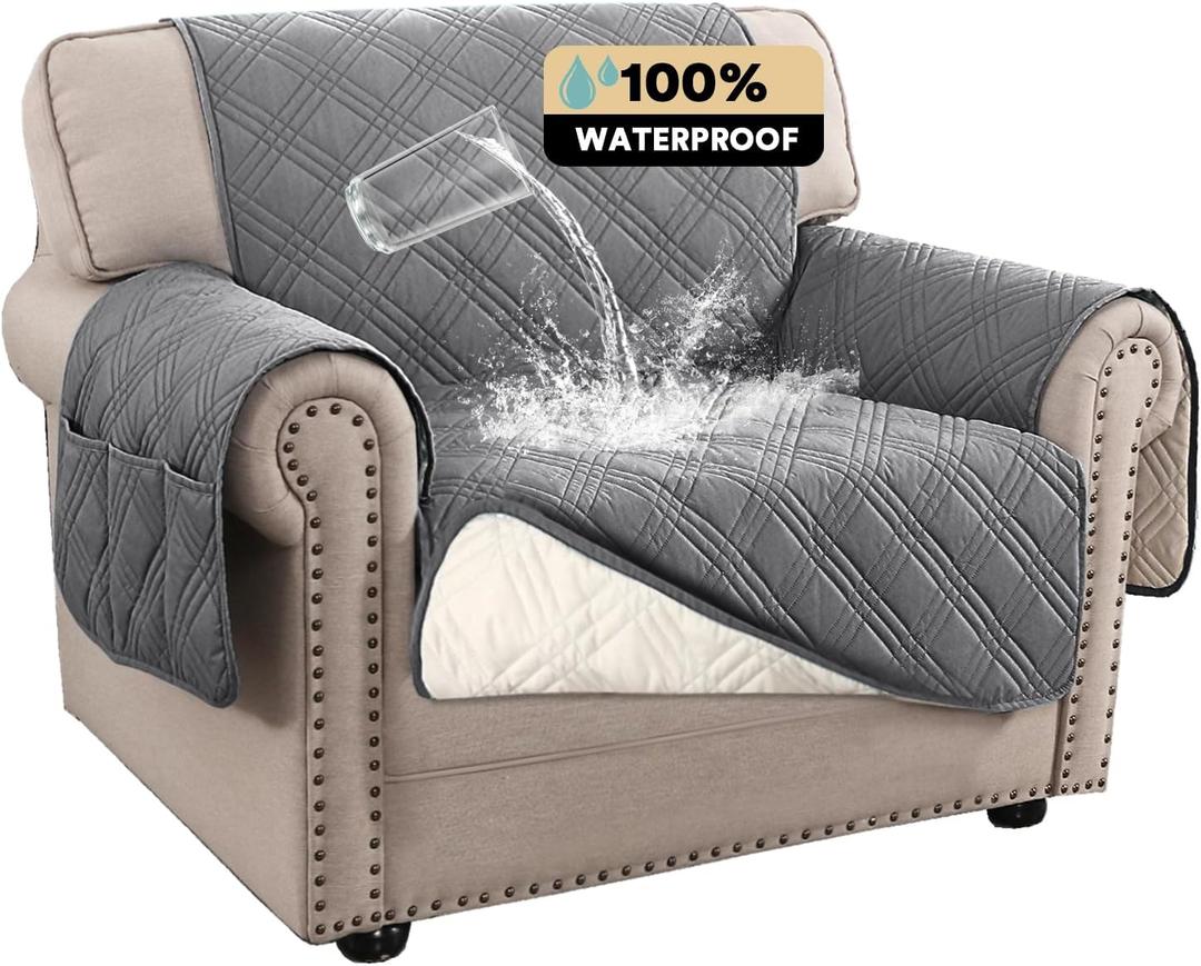 PrinceDeco 100% Waterproof Chair Sofa Slipcover for Living Room Water Resistant Couch Cover Furniture Protector Cover with Elastic Straps for Pets Kids Children Dog Cat(Chair 23", Grey)