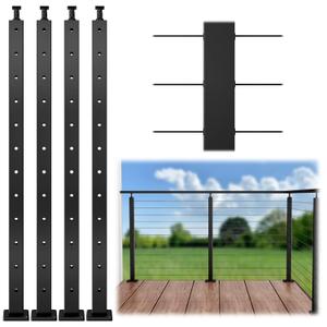 Muzata 4Pack Black Cable Railing Post 42 Inch 42"x2"x2" Level Drilled Surface Mount T304 Stainless Steel Cable Railing System Kit Indoor Outdoor with Paper User Guide PS01 BH4L