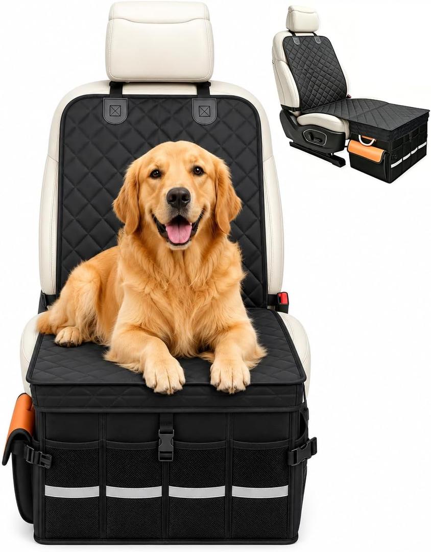 Front & Back Seat Extender for Dogs with 46L Storage, Foldable Storage Box Hard Bottom Car Seat Cover for Dogs, for Cars, SUV ect, Scratch-Resistant Pet Seat Protector, 19.68"L x 11.18"W x 11.18"H