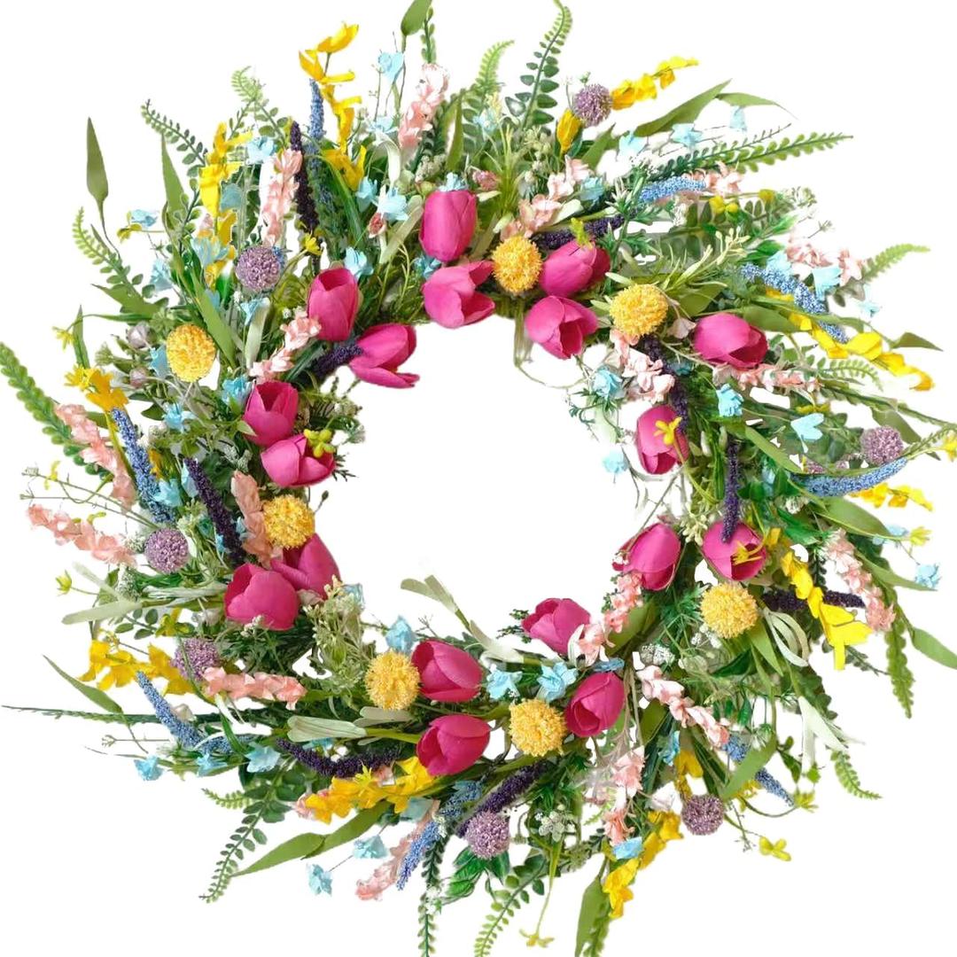Spring Tulip Wreath for Front Door, 22 Inch Tulip Lavender Floral Wreath, Artificial Spring Summer Wreath for Indoor Outdoor Door Wall Window Decor, Seasonal Home Decor