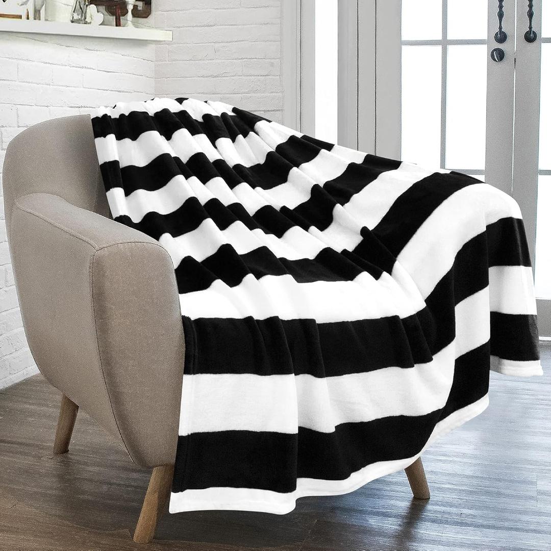 PAVILIA Striped Throw Blanket for Sofa Couch | Soft Flannel Fleece Stripe Black and White Decorative Throw | Warm Cozy Lightweight Microfiber | 50 x 60 Inches