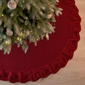 KHOYIME Red Knitted Christmas Tree Skirt 36 Inches, Rustic Vintage Large Xmas Tree Rug Skirt Chunky Thick Knit Boho Under Tree Skirt, Farmhouse Indoor Holiday Decorations New Year Home Party Decor