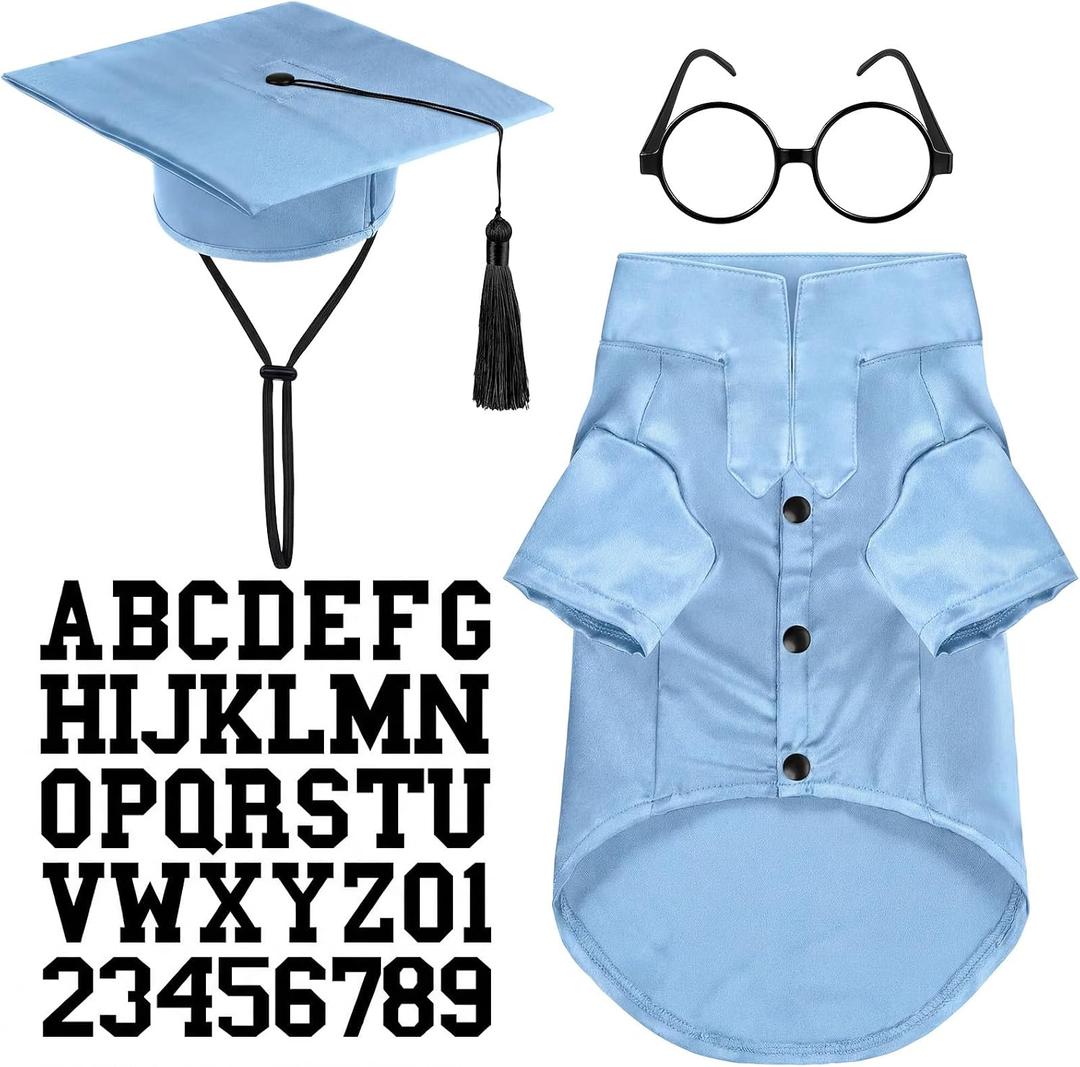 Huhumy 5 Pcs Dog Graduation Costume Set Include 2026 Pet Graduation Gown with Stole Puppy Grad Cap Lensless Glasses DIY Letter Stickers for Dogs Cats Holiday Costume Accessory(Light Blue,M)