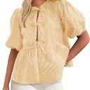 PRETTYGARDEN Women's Tie Front Striped Shirt 2026 Summer Trendy Fashion Cute Babydoll Tops Peplum Puffy Sleeve Blouse