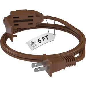 Indoor Brown Extension Cord 6 Feet, 3-Outlet Household Extension Cord, 2 Prong, 16Gauge, 3 Polarized Outlets with Safety Cap Protect for Home Office, 16/2 SPT-2 ETL Listed