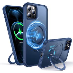 360Rotatable Magnetic Ring for iPhone 12 Pro Max Case Compatible with MagSafe [Non-Slip Texture Edge][Built-in Kickstand][Military Shockproof] Translucent Matte Soft Silicone Bumper Slim,Blue