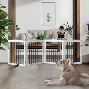 GATEZAOLU Freestanding Dog Gate Indoor Dog Gates for Doorways Foldable Wooden White Pet Gate for The House,Dog Fence for Stairs,Puppy Gate,Support Feet Included,24" Height-4 Panels