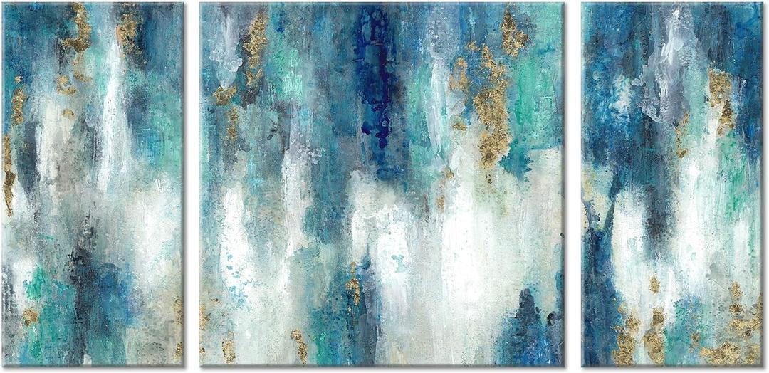 UTOP-art Abstract Canvas Wall Art Painting: Hand Painted Gold Foils Textured Blue Picture Artwork for Living Room (16'' x 32'' x 2PCS + 32'' x 32'' x 1PCS)