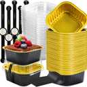 50 Pack Mini Cake Pans with Lids and Spoons Small Aluminum Foil Pans Square Baking Cups Disposable Ramekins Cupcake Liners for Brownie Pie (Black Gold, 5 oz)