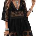 Eomenie Women's Contrast Lace Bathing Suit Cover Up V-Neck Swimsuit Coverups Loose Swimwear Beach Dress Beachwear Black Size: One Size