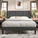 VECELO Queen Size Bed Frame with Upholstered Headboard, Velvet Platform Bedframe Mattress Foundation, Strong Wood Slat Support, No Box Spring Needed,Grey