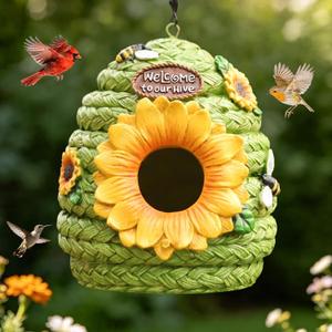 Bird Houses for Outside Green Cottage Resin Birdhouse, Garden Outdoor Decor Bird House with Sunflower and Bees, Birdhouses for Outdoors for Bluebird Finches Cardinals