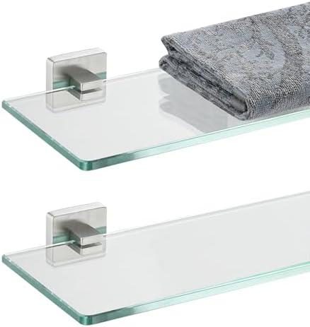 JQK Bathroom Glass Shelf, Floating Tempered Glass Shower Storage 12 by 5 inches, 304 Stainless Steel Brushed Finish Wall Mount 1 Pack, TGS201L12-BN-P2