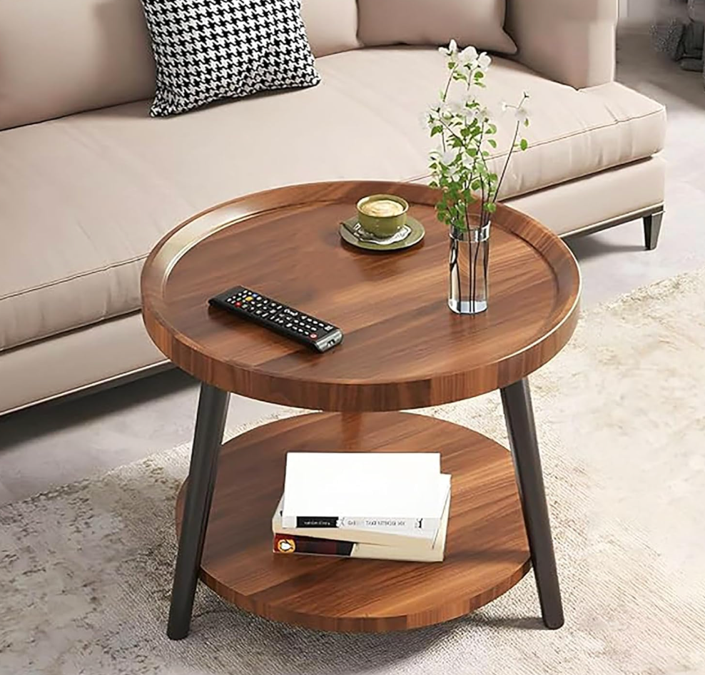 Small Round Coffee Table, 20in 2-Tier Storage Center Table for Living Room