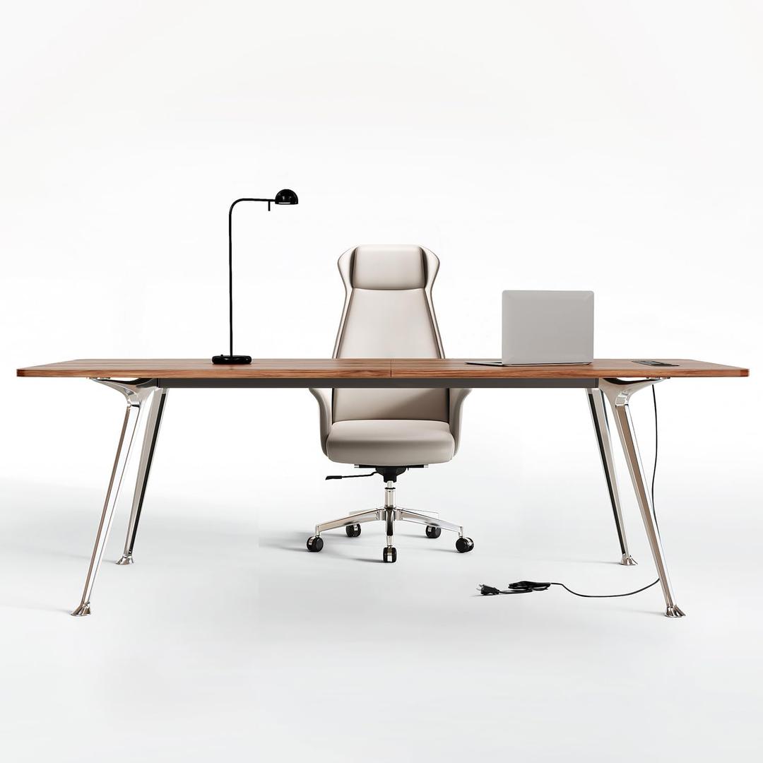 60-Inch Executive Desk, Modern Desk for Home Office, Wooden Study Writing Work Table with Power Outlets and USB-C Port, Large Legroom, Sturdy Metal Frame, Mid-Century Modern Simple, Light Brown