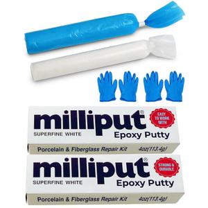 Milliput Epoxy Putty Modeling Paste - Porcelain and Fiberglass Repair Kit - Superfine White Sculpting Clay for Adults, 2 Pack with Gloves - For Fiberglass Bathtub Chip and Ceramic Tile Repairs