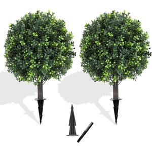 LXNRMHCH 27.2" Artificial Boxwood Topiary Set of 2 with Spike, Fake Plants Boxwood Balls Greenery Bushes, Uv Resistant Artificial Outdoor Plants Shrubs for Front Porch Decor, Home Faux Plants Indoor