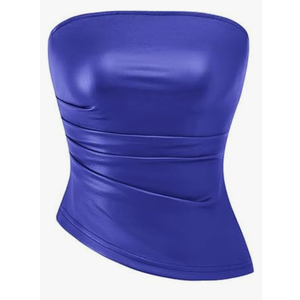 PRETTYGARDEN Women's Faux Leather Tube Tops 2025 Summer Strapless Asymmetrical Ruched Bandeau Shirts Going Out Club Outfits L