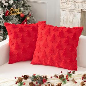 Christmas Tree Pillow Covers Set of 2 18x18 inches, 3D Xmas Tree Shaped Faux Fur Throw Pillow Covers for Couch, Sofa, Living Room Winter Holiday Decor, Farmhouse (Red)